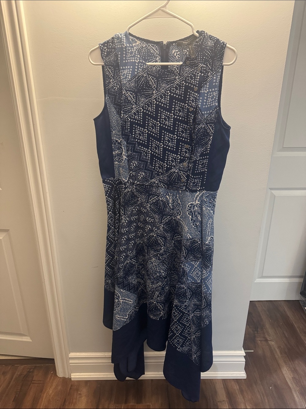 BCBGMaxAzria Navy and White Asymmetrical Midi Dress